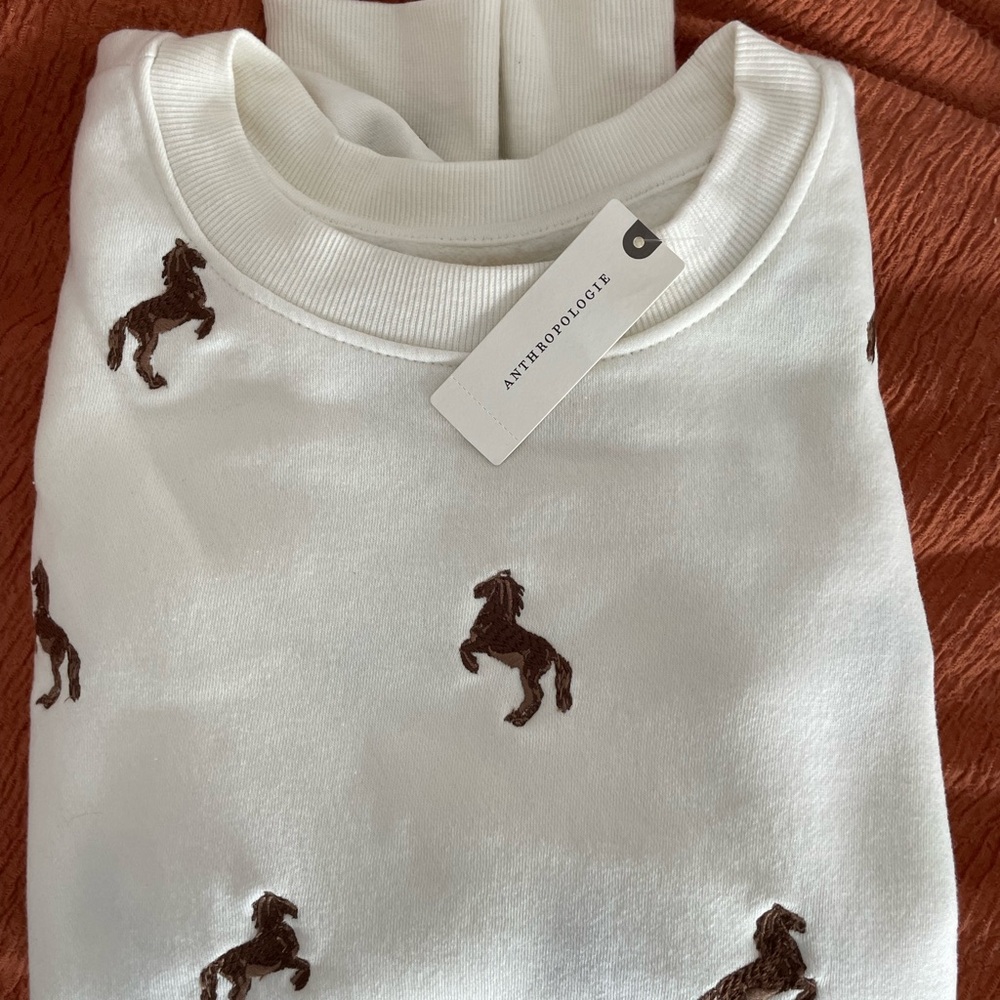 Anthropologie Cream Top with Brown Horse Motif